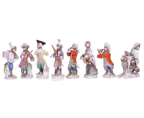 Eight Meissen Monkey Band (affankapelle) figures, 20th century, after the 18th century models by JJ Kaendler and P Reinicke, 