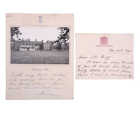 Marina, Duchess of Kent (1906-1968) Princess of Greece and Denmark, two handwritten cards, the first with a 'Sandringham, Nor