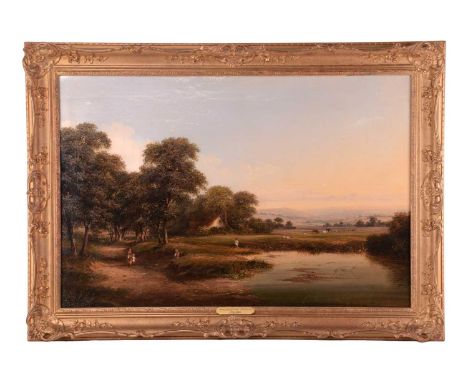 Attributed to Walter Heath Williams (1835-1906), Figures in a landscape with cottage and cattle, unsigned, oil on canvas, 60 