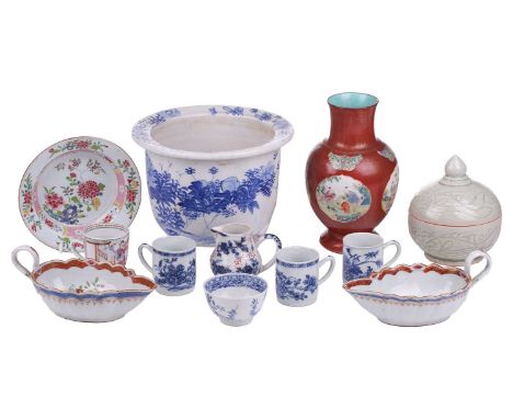 A small collection of Chinese and Japanese porcelain including a Chinese coral ground Famile Rose baluster vase painted with 