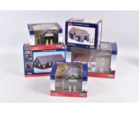 FIVE BACHMANN BRANCHLINE OO GUAGE MODEL BUILDINGS, to include Aidensfield Garage, item no. 44-076Z, The Birch Hall Inn, item 