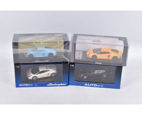 FOUR BOXED MODEL VEHICLES, the first is a Fujimi Resin Collection 2011 Lamborghini Aventador Giallo Orion (Pearl Yellow), num