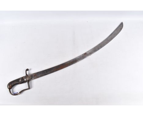 A 19TH CENTURY CURVED SWORD WITHOUT SCABBARD, the wire band handle is worn in some areas and the blade is heavily marked and 