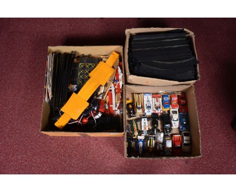 A QUANTITY OF UNBOXED AND ASSORTED SCALEXTRIC CARS, ACCESSORIES AND TRACK, not tested, cars are a mixture of 1970's and 1980'