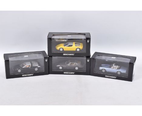 FOUR BOXED MINICHAMPS MASERATI 1:43 SCALE MODEL VEHICLES, the first is a Maserati Ghibli 1969, numbered 400 123320, in brown 