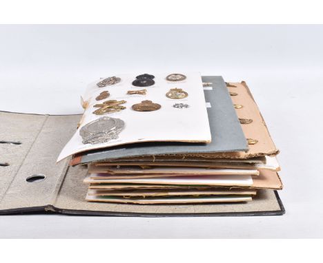 A BINDER CONTAINING VARIOUS BRITISH AND COMMONWEALTH CAP BADGES AND COLLAR BADGES, these are a mix of brass and white metal, 