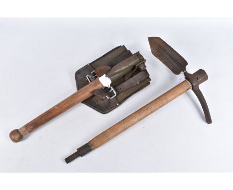 TWO MILITARY ENTRENCHING TOOLS, the first comes in its original leather cover and is a fold up shovel, it is in good conditio