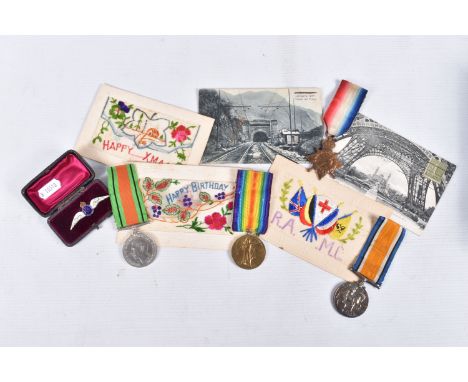 A 1914-15 TRIO OF MEDALS, RAF pin badge, WWII defence medal and five postcards, the WWI trio is correctly named to PVT 9315 G