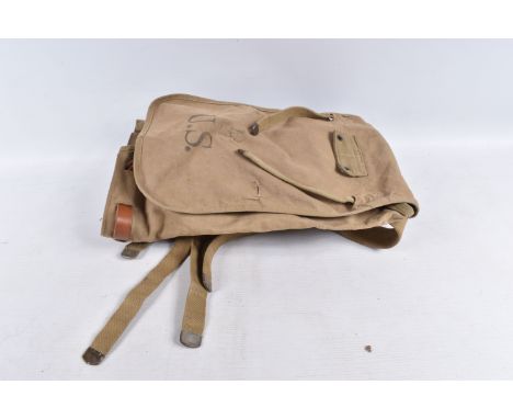 A NICE WWII 1942 UNITED STATES ARMY CANVAS BAG, it is khaki in colour and the front has U.S stamped on it, the reverse has In
