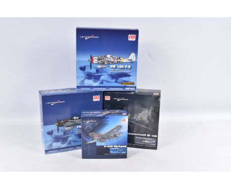 FOUR BOXED HOBBYMASTER AIR POWER SERIES DIECAST MODEL AIRCRAFTS, the first is a P-40 Kittyhawk, 1:72 scale,  numbered HA5507,