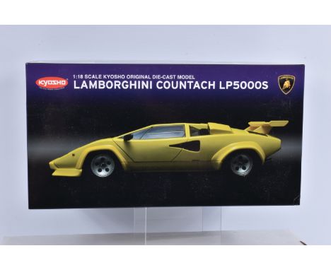 A BOXED KYOSHO 1:18 SCALE LAMBORGHINI COUNTACH LP5000S 1:18 SCALE DIECAST MODEL VEHICLE, numbered 08322Y, model is yellow, in