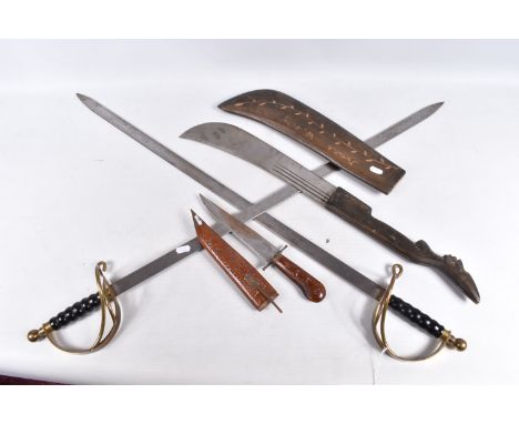 TWO BRITISH CEREMONIAL DRESS SWORDS AND TWO OTHER KNIVES, the swords measure approximately 97cm and the blade measure approxi