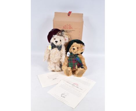 AN UNBOXED STEIFF LIMITED EDITION SCOTTISH TEDDY BEAR 2001, No.654855, white mohair bear, wearing the muted version of the Sc