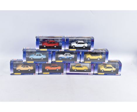 NINE BOXED CORGI LIMITED EDITION VANGUARDS 1:43 SCALE DIECAST MODEL VEHICLES, the first is a Ford Escort Mk2 RS Mexico Signal