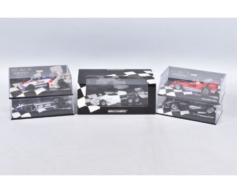 FIVE BOXED MINICHAMPS 1:43 SCALE MODEL VEHICLES, the first is a March Ford 2-4-0 Six-Wheeler 1976, in white, numbered 436 760