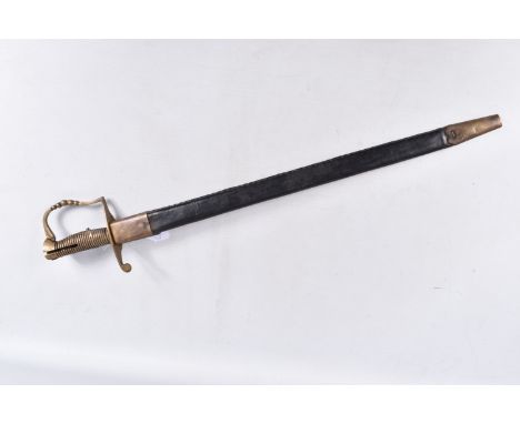 A BRITISH MARTINI HENRY SWORD BAYONET, this features a brass ribbed grip and brass hand guard, the push button on the grip is