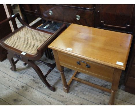 A modern light oak single drawer side table, a string top Glastonbury style stool and nest of tables