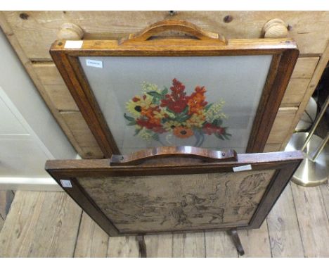 A mahogany folding chair and woolwork and tapestry fire screens
