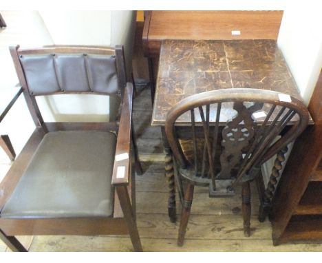 A wheelback chair, an oak barley twist table, a commode and two tapestry frames