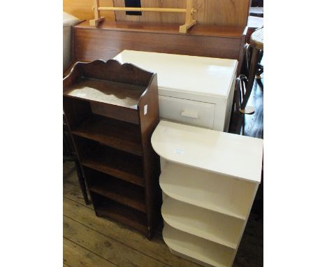 An oak five shelf bookcase, a painted chest of drawers and shelves