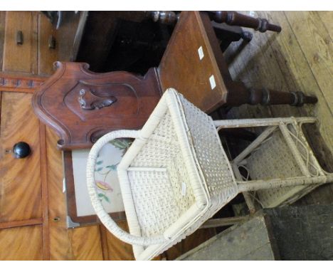 A Victorian mahogany hall chair, a woolwork firescreen and a vintage white painted wicker basket on a stand