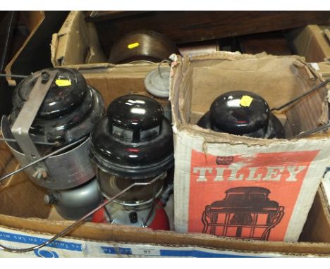 A BOX OF VINTAGE TILLEY LAMPS ETC. 