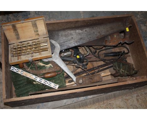 A BOX OF TOOLS ETC TO INC WOOD WORKING TOOLS