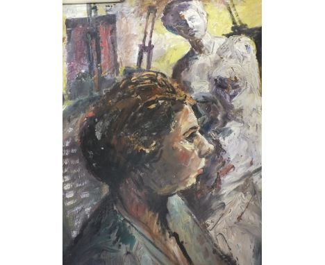 AN UNFRAMED OIL ON BOARD IMPRESSIONIST HEAD ND SHOULDERS PORTRAIT OF A LADY BY DENISE ROOUM
