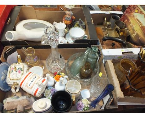 THREE TRAYS OF ASSORTED CERAMICS, GLASS AND METALWARE TO INCLUDE A ROYAL DOULTON CRYSTAL DECANTER, SADLER TEAPOT ETC. 