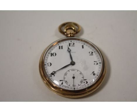 A ROLLED GOLD PINACLE OPEN FACED MANUAL WIND POCKET WATCH 