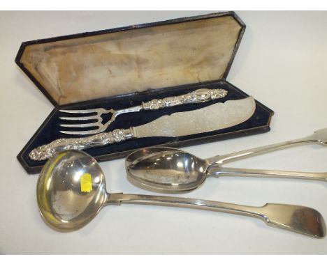 A SILVER PLATED FISH SERVERS TOGETHER WITH  SOUP LADLE AND TWO BASTING SPOONS 