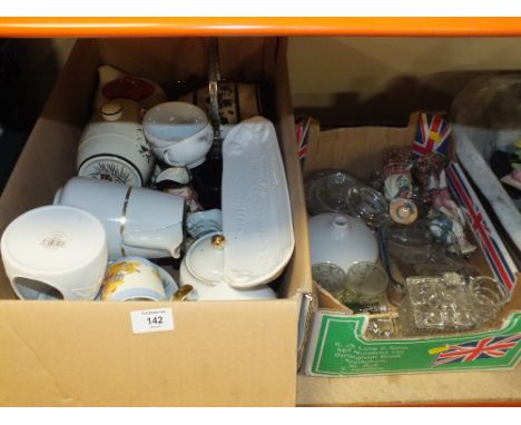 TWO BOXES OF CERAMICS AND GLASS TO INCLUDE A PAIR OF VINTAGE FIGURES