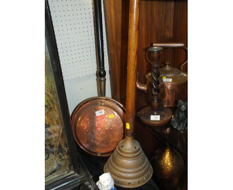 A VINTAGE COPPER WARMING PAN AND A LARGE POSHER