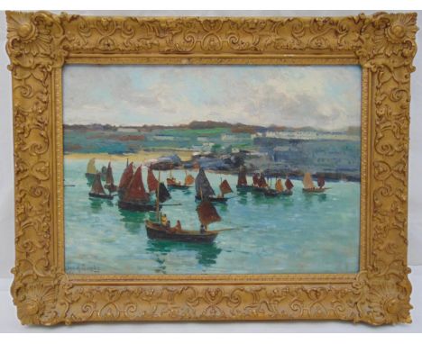 John M Bromley framed oil on panel of fishing boats, signed bottom left, 15 x 34.5cm