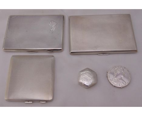 Three engine turned hallmarked silver cigarette cases, a hexagonal pill box and a white metal coin holder