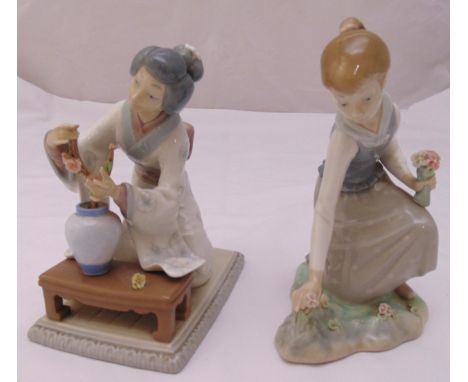 Lladro figurine of a Geisha and a Lladro figurine of a girl picking flowers, marks to the bases, tallest 21cm (h)