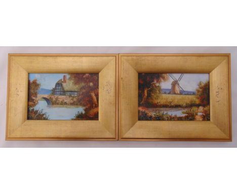 R J Hall a pair of framed oils on panel of country landscapes, signed bottom right, 9 x 13.5cm each