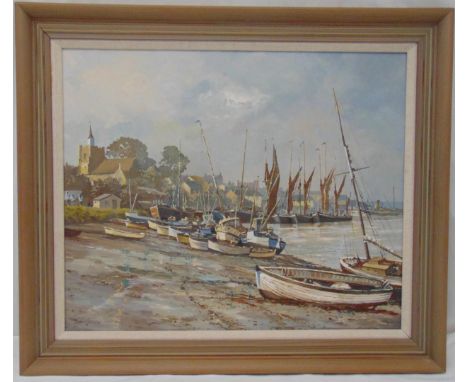 Bert Wright framed oil on panel of sailing boats on a muddy foreshore, label to verso, 48.5 x 59cm