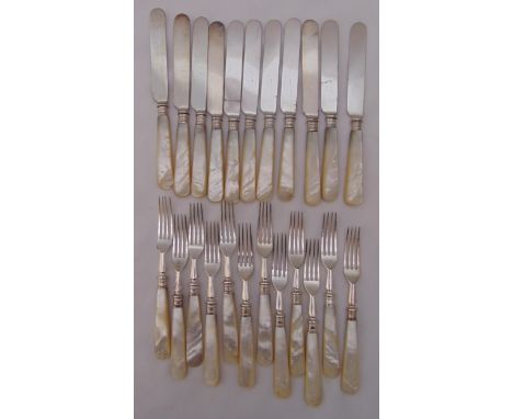 A quantity of mother of pearl and silver plated knives and forks