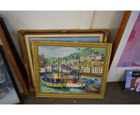 E R SIMPSON, STUDY OF A HARBOUR SCENE, OIL ON BOARD, TOGETHER WITH K STEVENS, STUDY OF A WOODLAND PATH, OIL ON CANVAS, GILT F