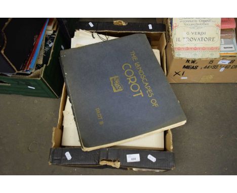 BOX OF MIXED ITEMS TO INCLUDE ALBUM OF PRINTS 'THE LANDSCAPES OF COROT', 'THE CHARM OF THE ETCHERS' ART' PLUS VARIOUS ALBUMS 