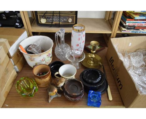 MIXED LOT VARIOUS ORNAMENTS, GLASS VASES, BRASS CHAMBER STICK AND OTHER ITEMS