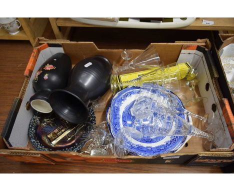 BOX OF DRINKING GLASSES, CERAMIC VASES, DECORATED PLATES ETC