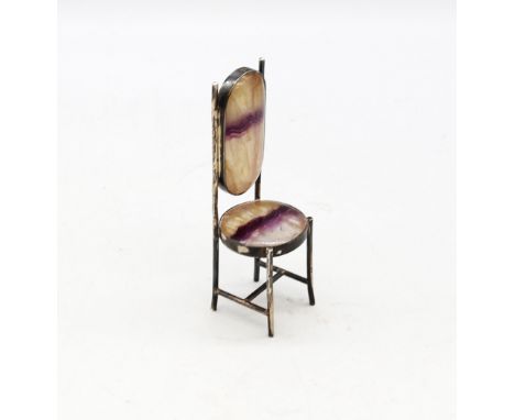 A Modern silver and Blue John model of a chair, having Blue John stone cushion back and seat, with silver frame and stretcher