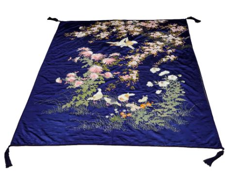 A Japanese silk embroidered panel late&nbsp;Meiji Period circa early 1900s, depicting doves flying and beneath a flowering ch