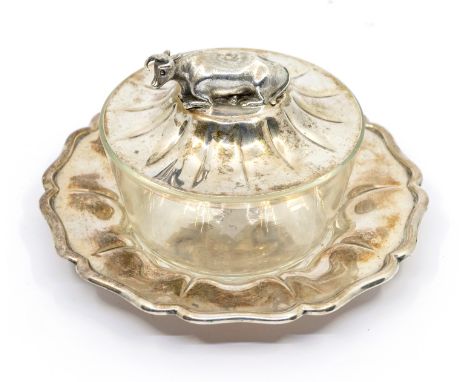 A William IV silver and glass butter dish and stand, the silver stand of fluted circular shape holding the clear glass circul