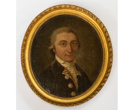 English School (late 18th century) Portrait of a Gentleman in plum coloured coat and striped waistcoat, oil on canvas, 19.5cm