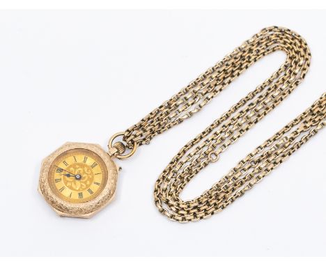 A early 20th century ladies octagonal 9ct rose gold and enamel pocket watch & Guard Chain comprising an open faced gilt dial 