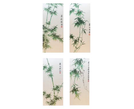 A set of four Chinese silk embroidered panels, 20th century, each depicting bamboo and with four character script mark and se