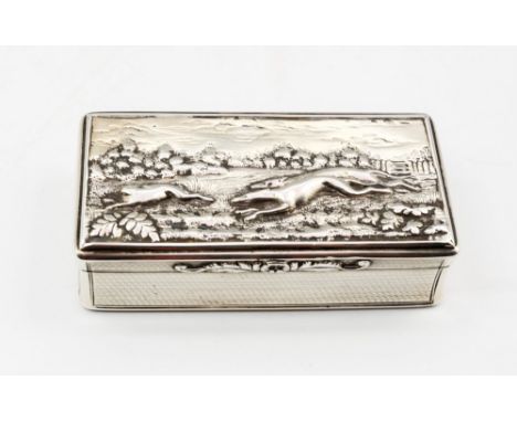 Hunting Interest: A William IV silver snuff box, of rectangular form with engine turned base and sides, foliate decorated cla